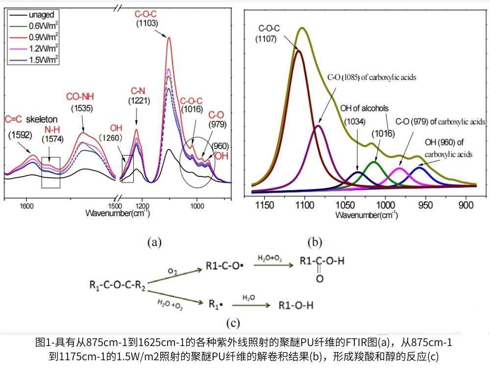 圖1a顯示了從875cm-1到1625cm-1的QUV加速老化樣品的FTIR分析結(jié)果