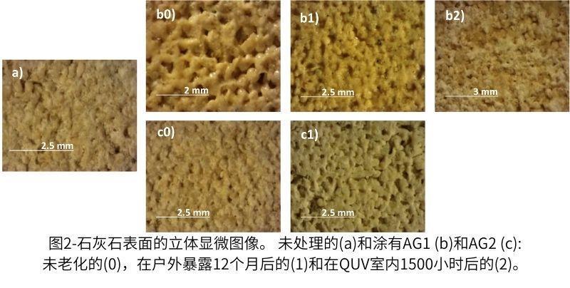 圖2石灰石表面的立體顯微圖像。 未處理的(a)和涂有AG1 (b)和AG2 (c)未老化的(0)，在戶外暴露12個月后的(1)和在QUV室內(nèi)1500小時后的(2)。